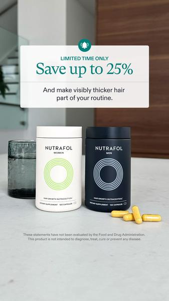 This ad creative features a clean, minimalist product shot of two hair growth supplement bottles placed next to a glass of water, highlighting a clear 25% discount offer.